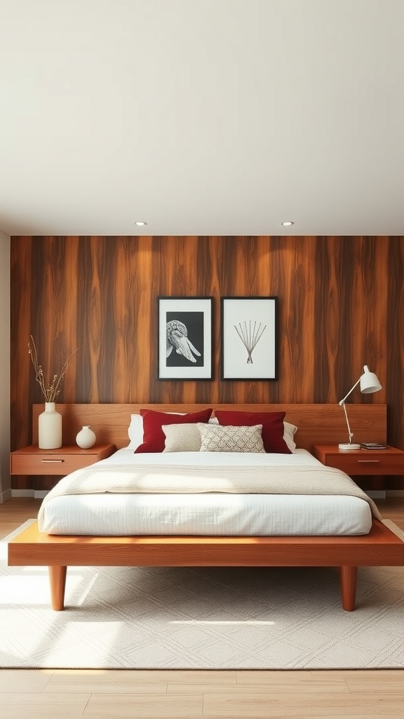 A mid-century modern bedroom featuring a sleek platform bed, wooden furniture, and warm lighting.