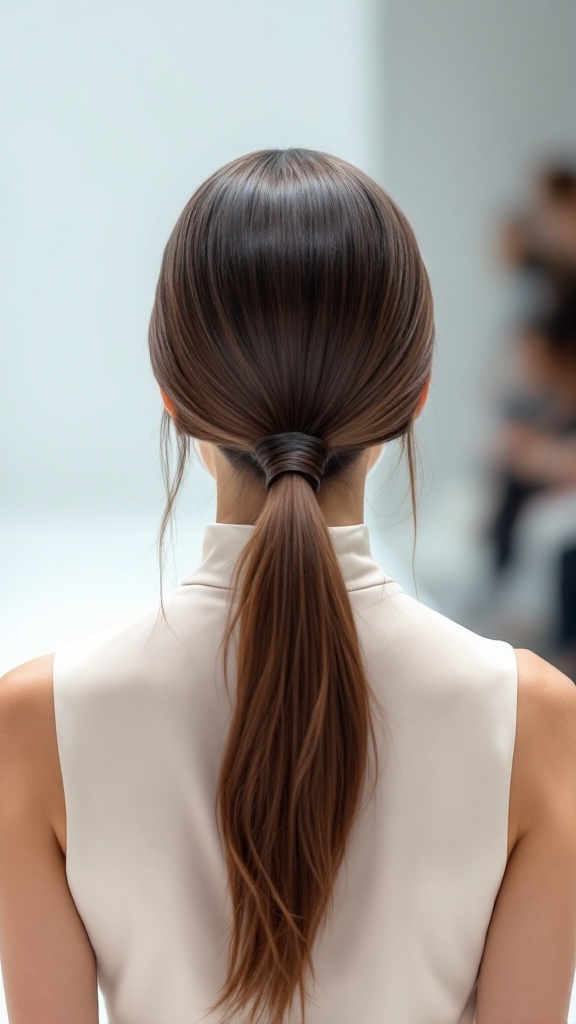 A sleek ponytail hairstyle on a model wearing a high neck dress.