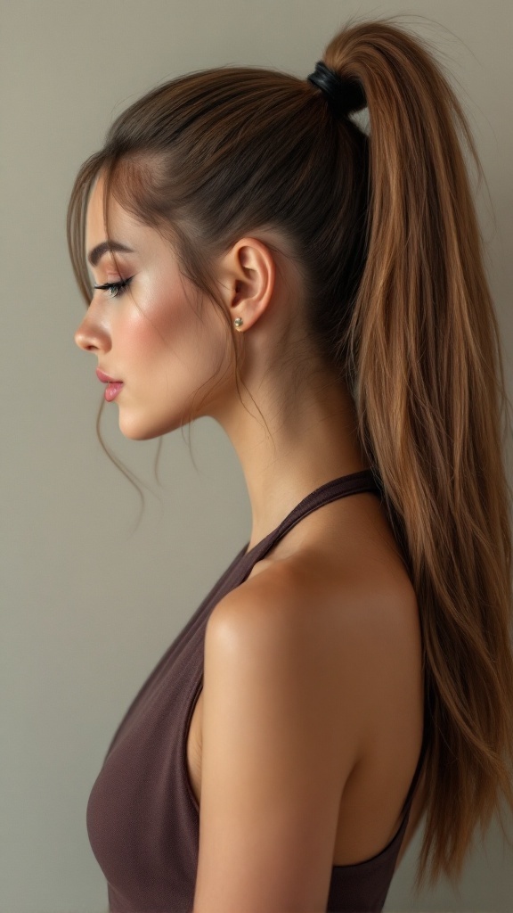 A woman with a sleek ponytail showcasing her shoulders, wearing a halter neck dress.