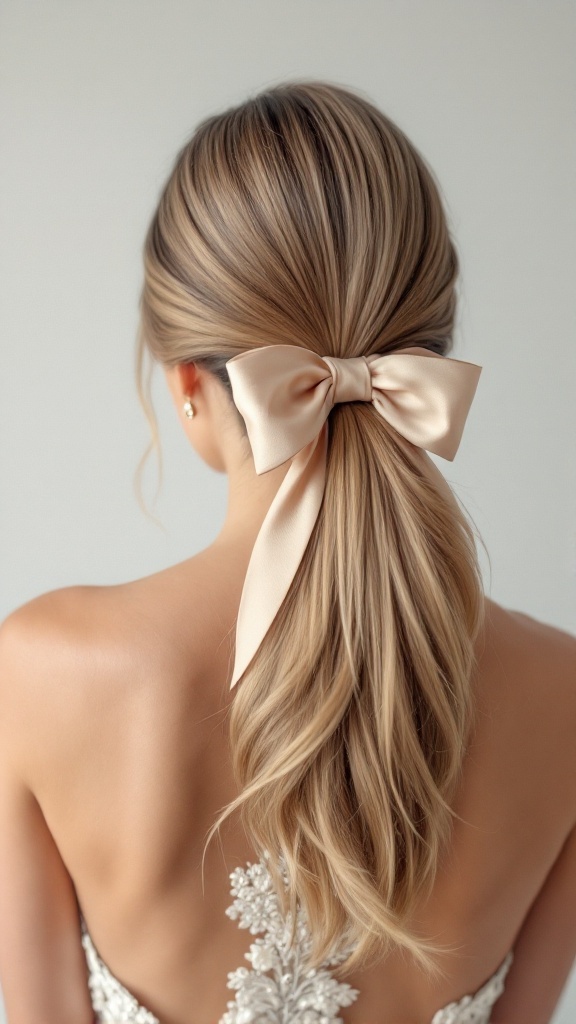 A sleek ponytail hairstyle with a large bow at the back, showcasing smooth, glossy hair.