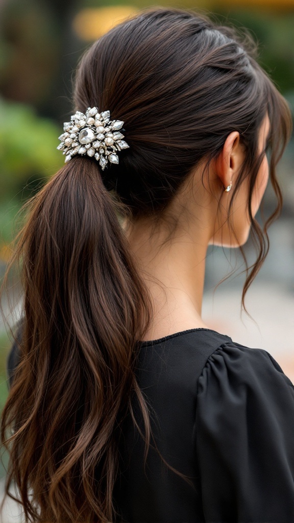 A woman with long, sleek hair tied in a ponytail with a decorative hair tie.