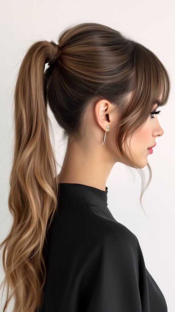 A model showcasing a sleek ponytail hairstyle with angular bangs, demonstrating a modern and elegant look suitable for bridesmaids.