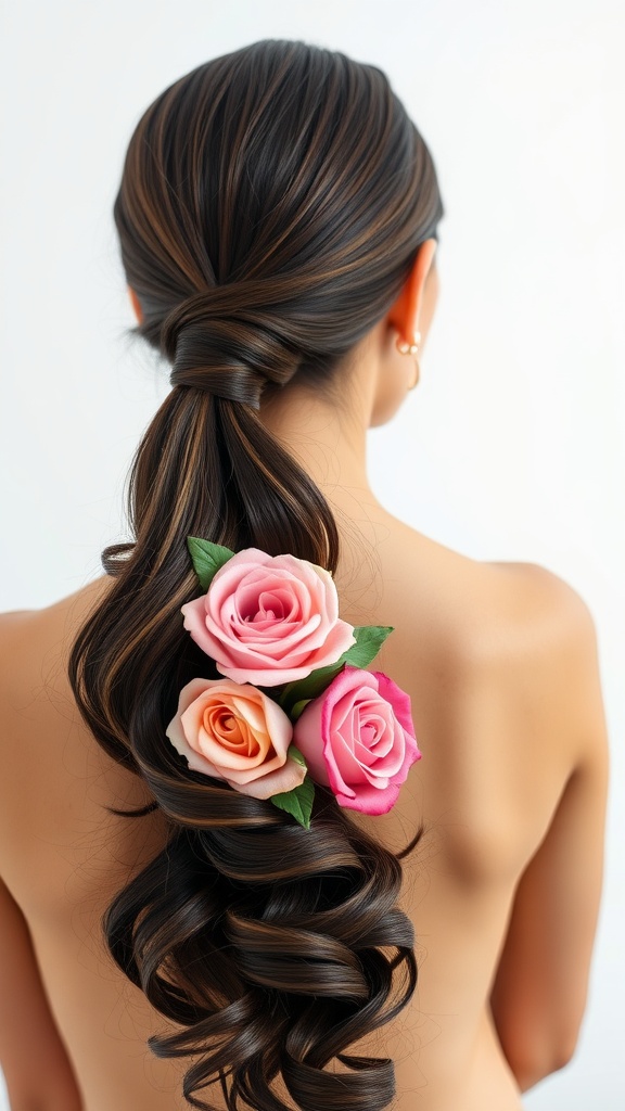 A woman with a sleek ponytail styled with three garden roses in shades of pink and peach.