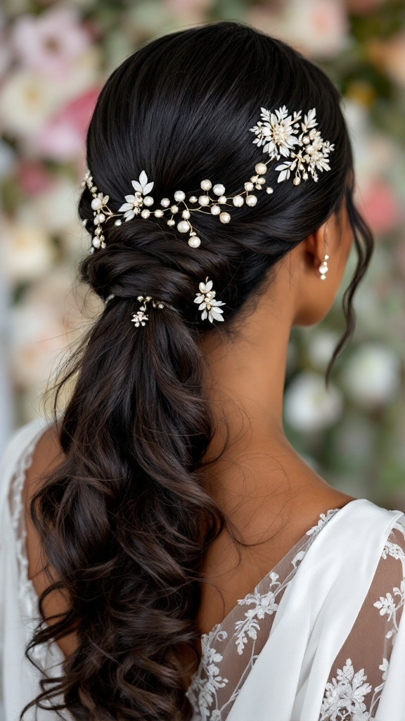 A woman with a sleek ponytail adorned with floral and pearl hair accessories, showcasing an elegant hairstyle