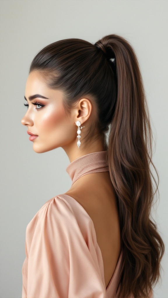A model with a sleek ponytail and statement earrings, wearing a high neck dress.