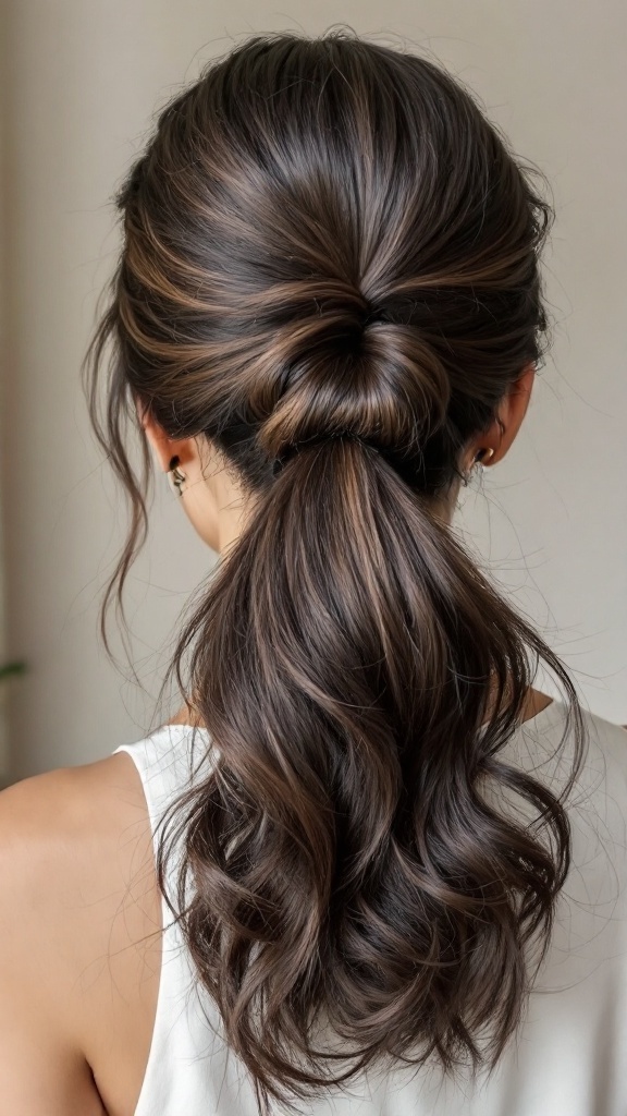 A woman with a sleek ponytail featuring textured ends, showcasing a stylish hairstyle perfect for prom.