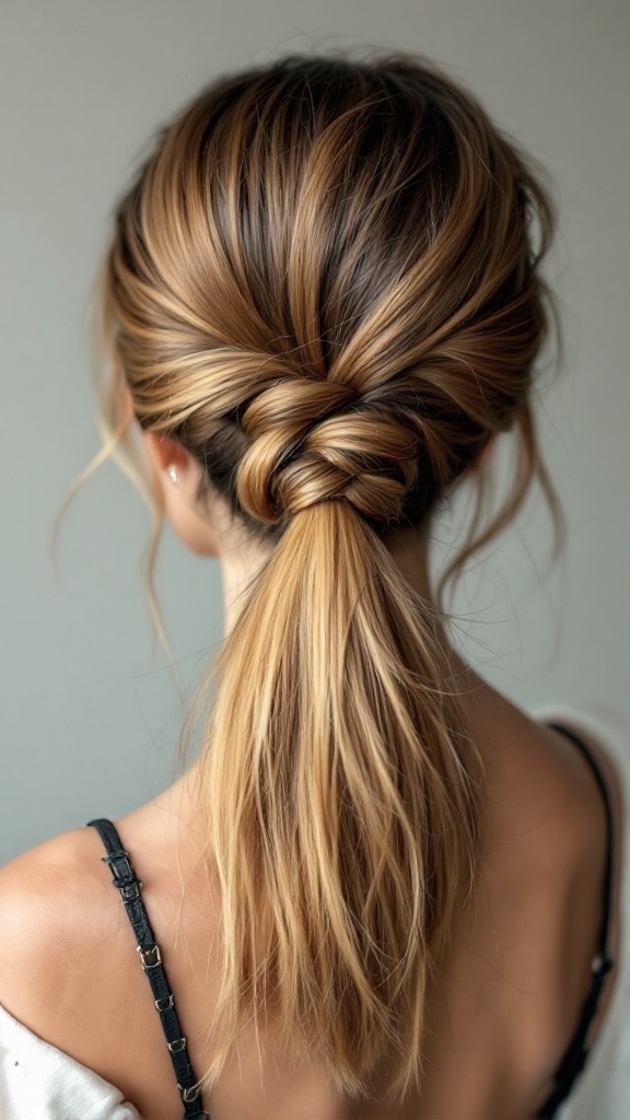 A woman showing a sleek ponytail with twists, perfect for a wedding hairstyle.