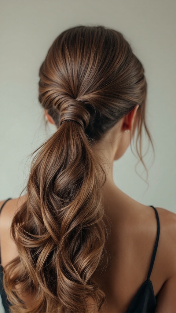 A sleek ponytail hairstyle featuring voluminous curls at the ends, styled for a bridesmaid.