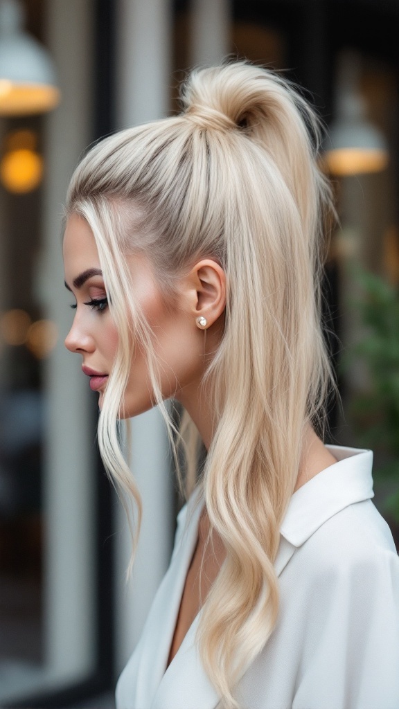 A woman with a sleek high ponytail showcasing volume, styled elegantly for a formal event.