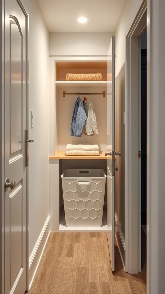 A sleek pull-out hamper integrated into a small hallway space, featuring a white basket, shelves, and hanging garments.
