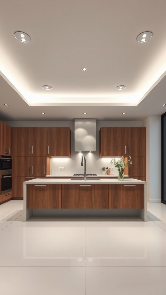 Modern kitchen featuring recessed lighting over a wooden island with white countertop.