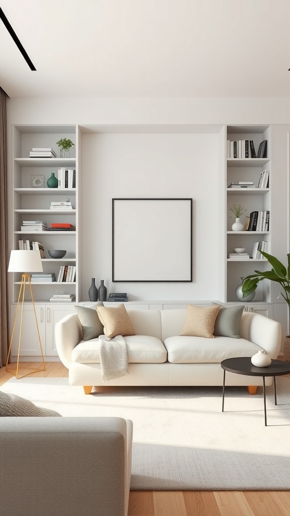 A modern living room featuring sleek shelving, a comfortable sofa, and a stylish coffee table.