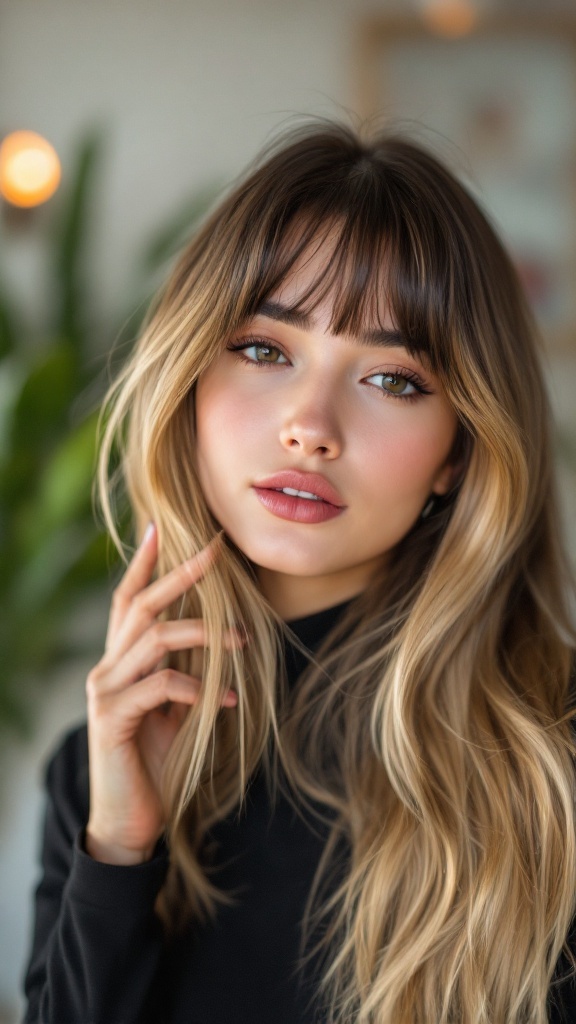 A young woman with long straight hair and side bangs giving a soft and sleek look.