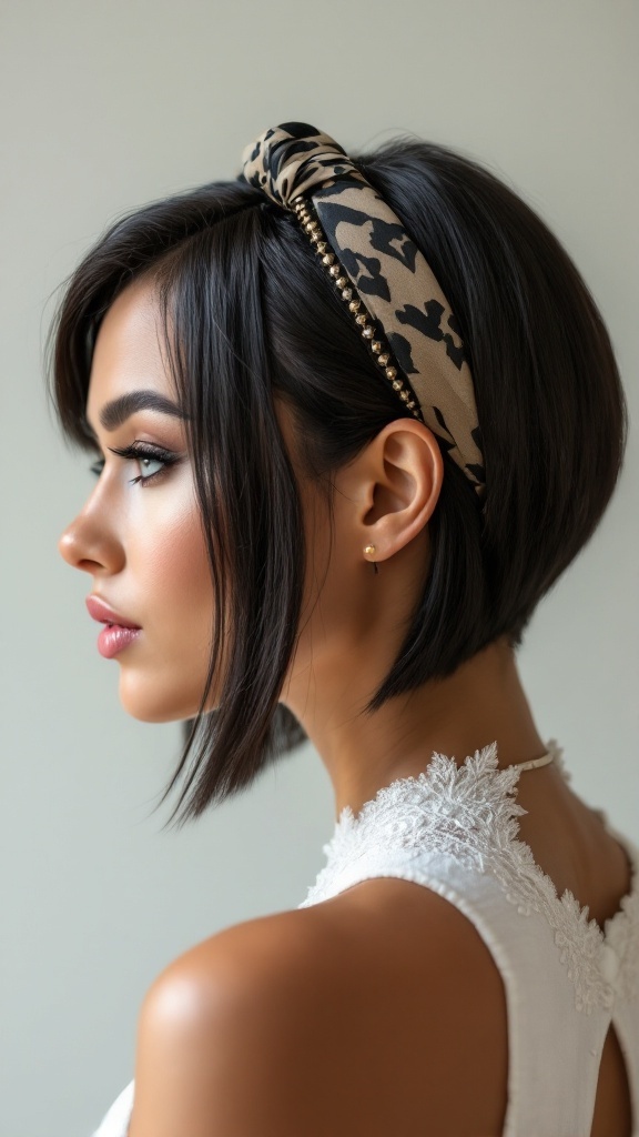 A woman with a short bob hairstyle styled in a sleek side part wearing a stylish headband.