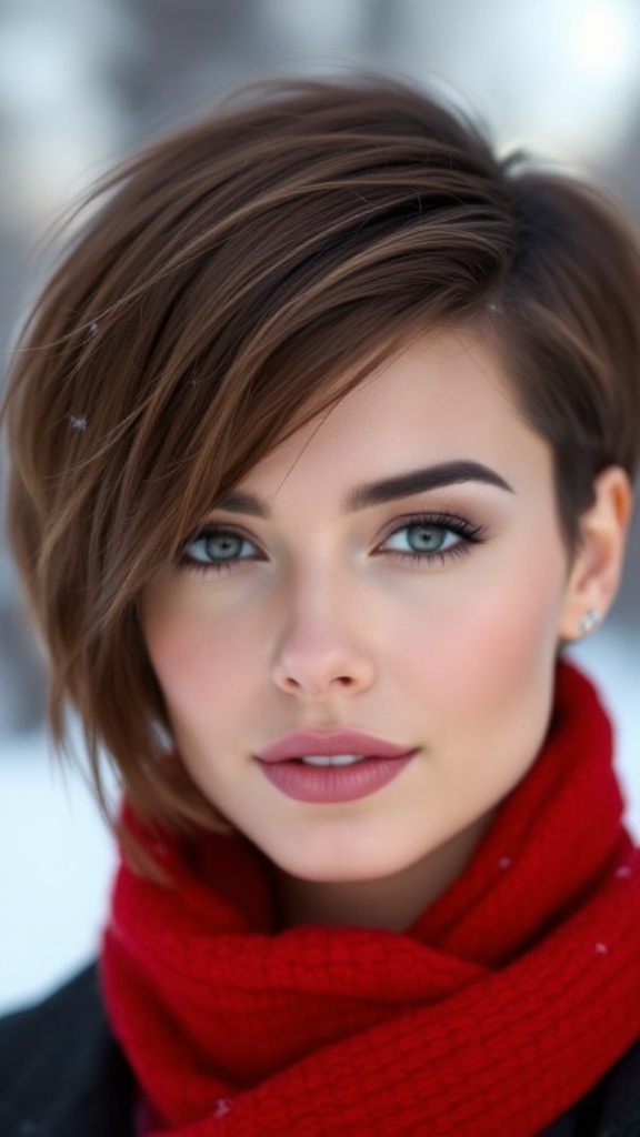 A close-up of a woman with a stylish short haircut wearing a red scarf against a snowy background.
