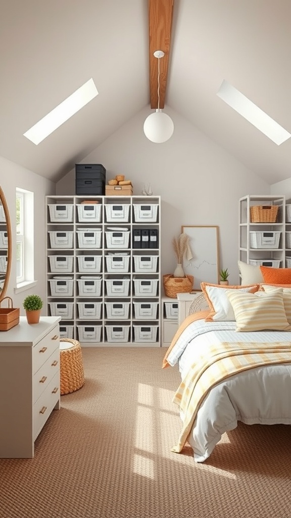 A stylish attic room featuring organized storage solutions with white shelves and decorative boxes.