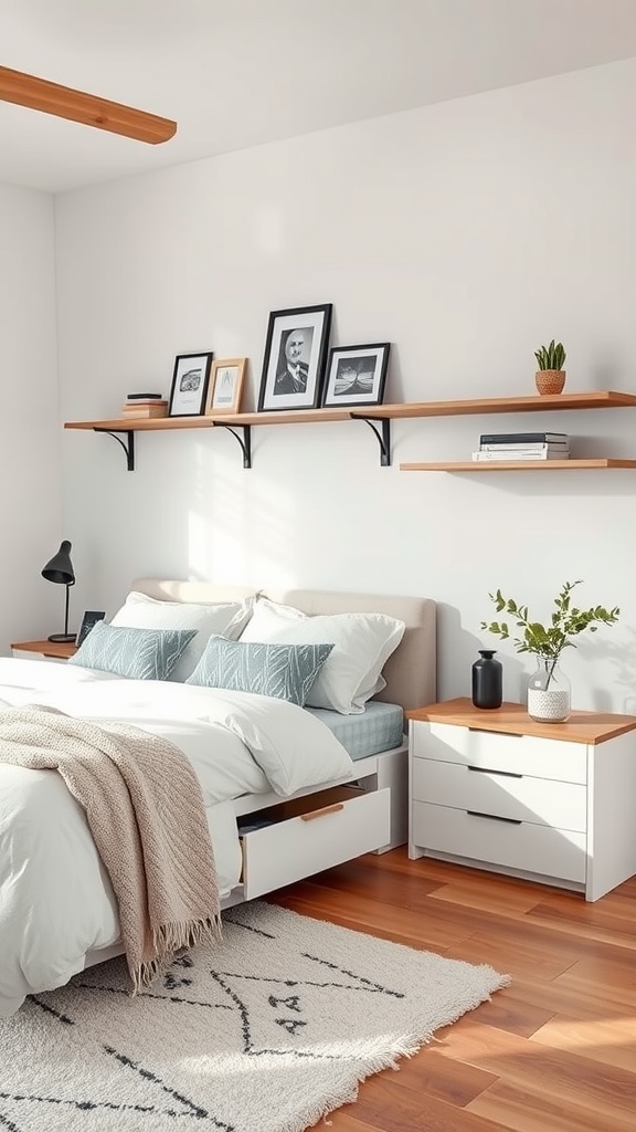 A cozy and modern bedroom with a bed, floating shelves, and stylish storage solutions.