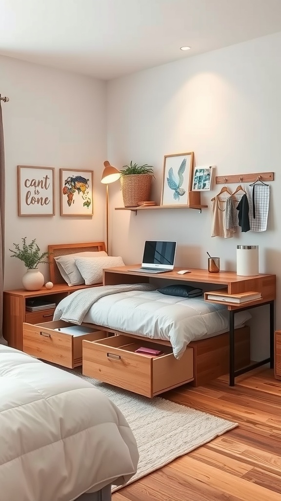 A cozy bedroom office combo with a wooden desk integrated into the bed frame, featuring storage drawers and decorative shelves.