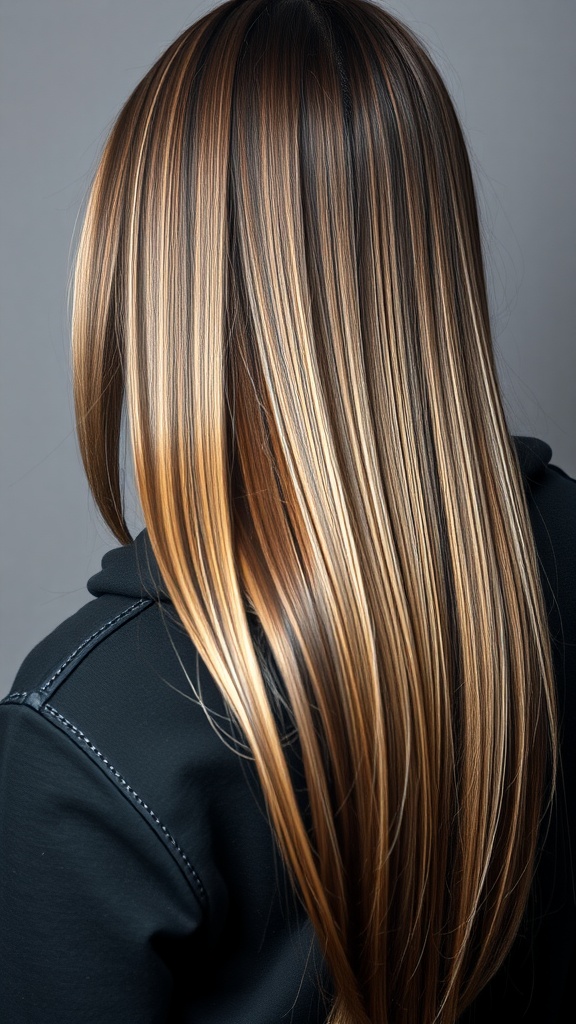 Long, straight hair with highlights, paired with a black hoodie.