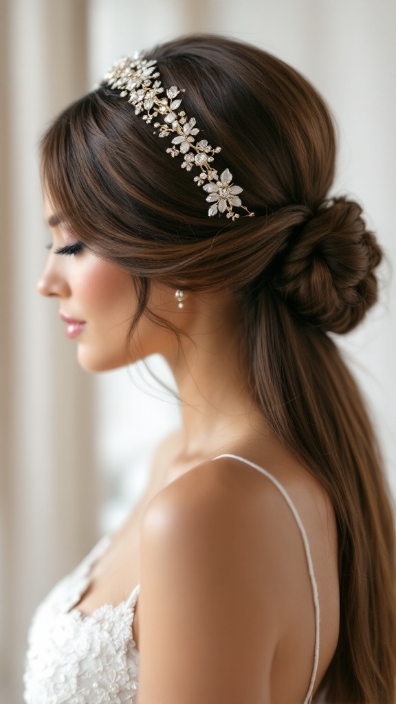 A model with sleek straight hair styled with a floral headband, showcasing a simple and elegant bridesmaid hairstyle.