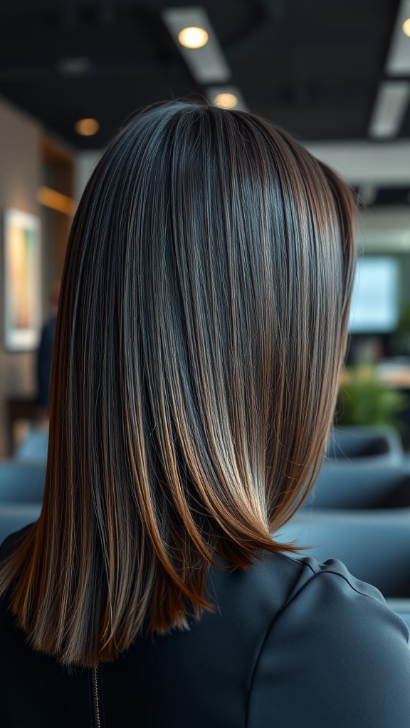 A woman with sleek straight hair styled with a middle part, showcasing a professional look.