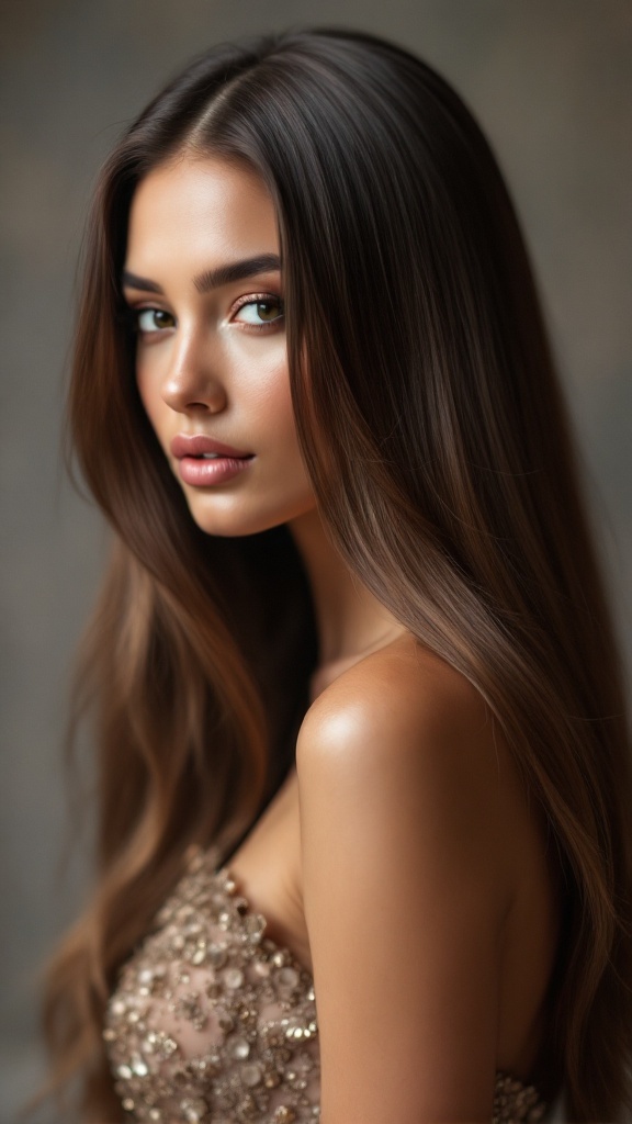 A close-up image of a young woman with sleek straight hair styled in a deep side part, showcasing her glowing skin and elegant outfit.
