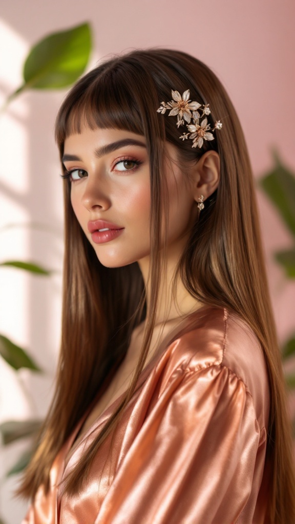 A model with sleek straight hair styled with a floral hair accessory, wearing a satin robe.