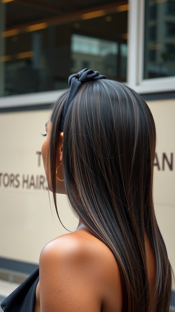 A woman with long straight hair styled with a black headband, showing a casual yet elegant hairstyle.