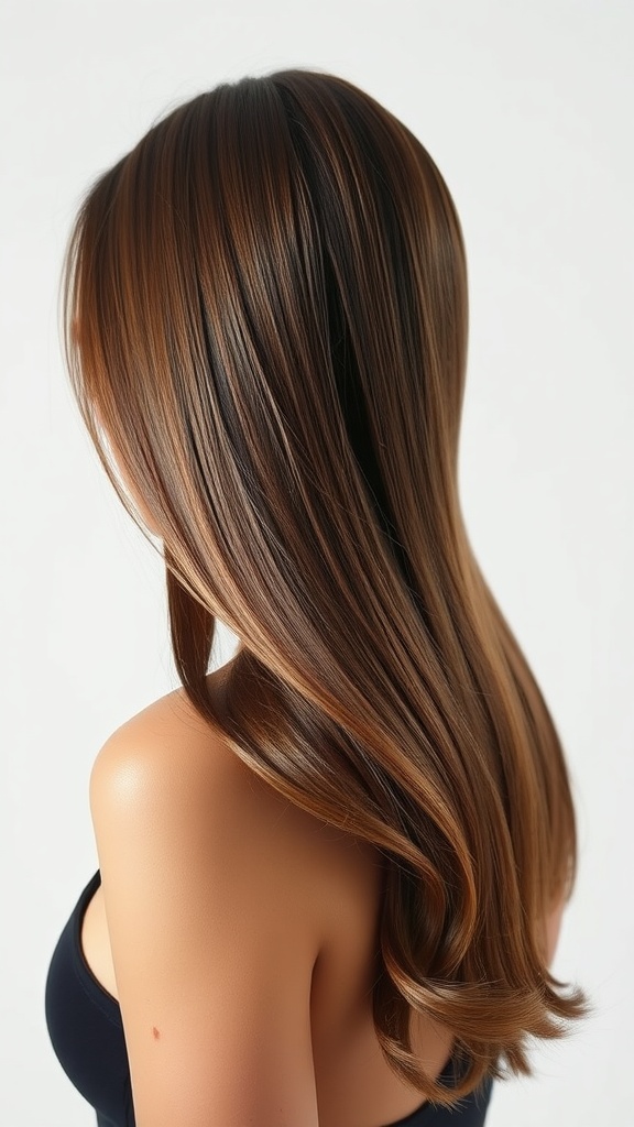 A woman with sleek straight hair featuring soft ends, showcasing a shiny and elegant hairstyle.