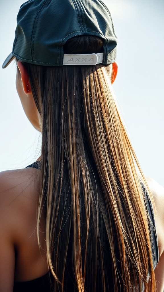 Back view of a woman with straight hair wearing a sporty cap