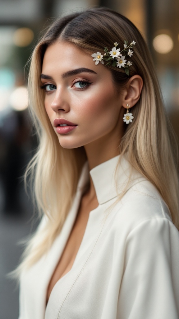 A woman with sleek, straight hair styled with subtle floral clips, showcasing an elegant look.