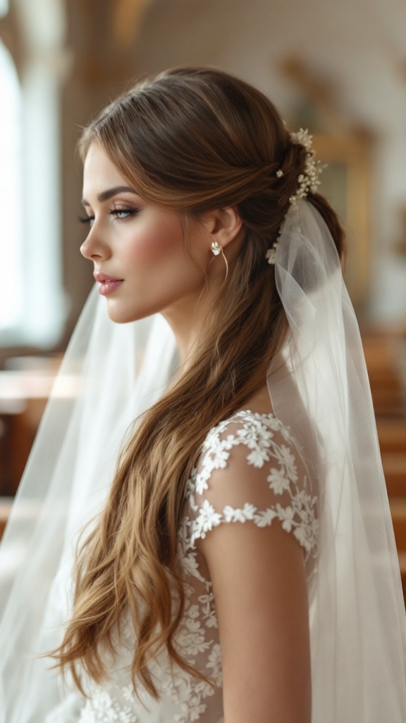 A bride with sleek straight hair styled elegantly with a veil and floral accessories.