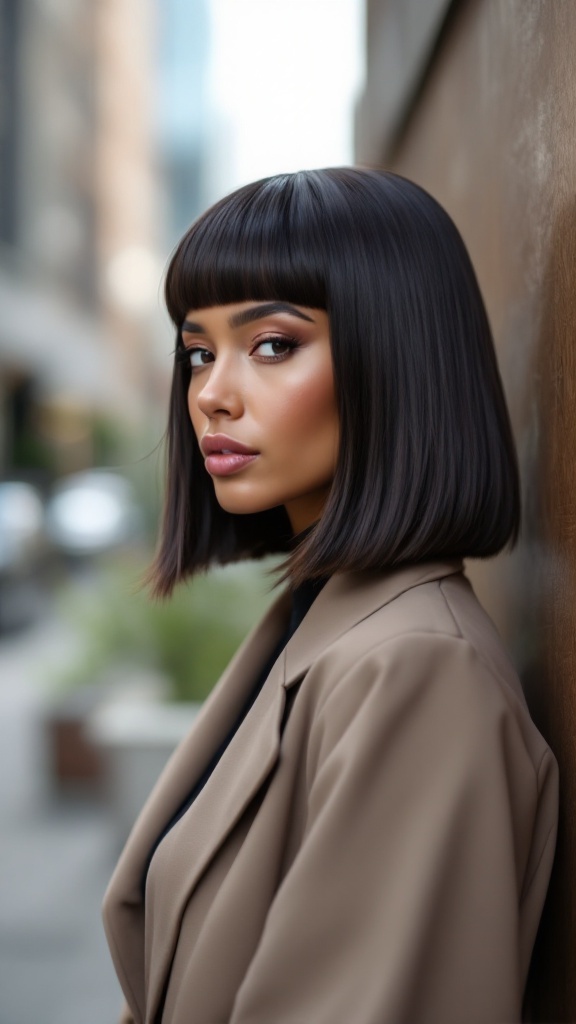 A woman with a sleek straight medium bob hairstyle, wearing a tailored jacket, set against an urban background.