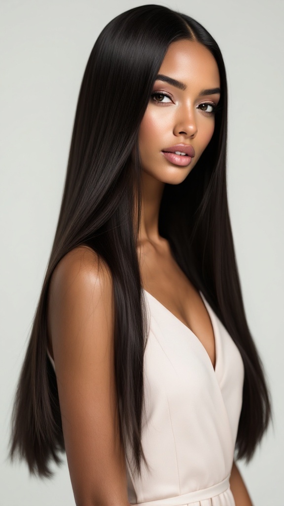 A model with long, sleek straight hair wearing a V-neck outfit.