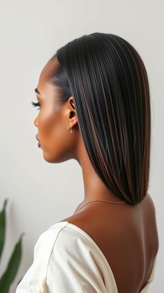 A woman with sleek straight weave hairstyle, showing the smooth and shiny finish of the hair.