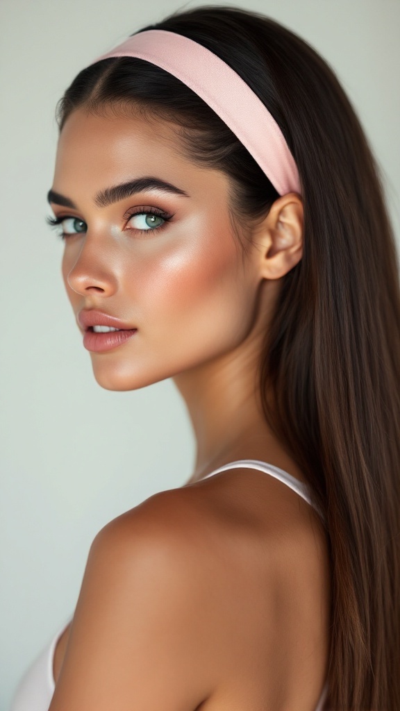A young woman with sleek straight hair and a pink headband, showcasing a stylish hairstyle.