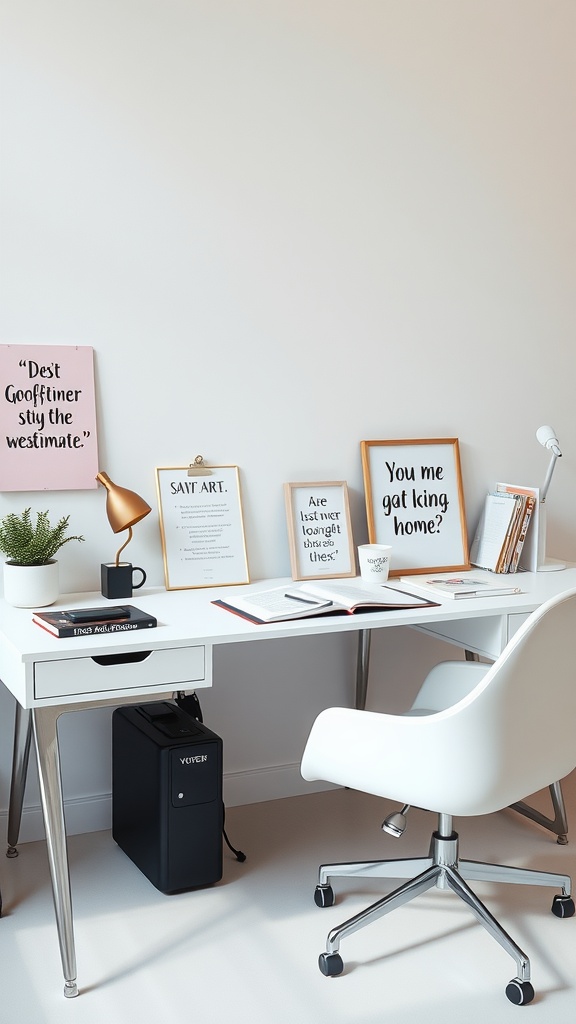 A modern study desk with inspirational quotes framed on the wall, a stylish lamp, and a comfortable chair.