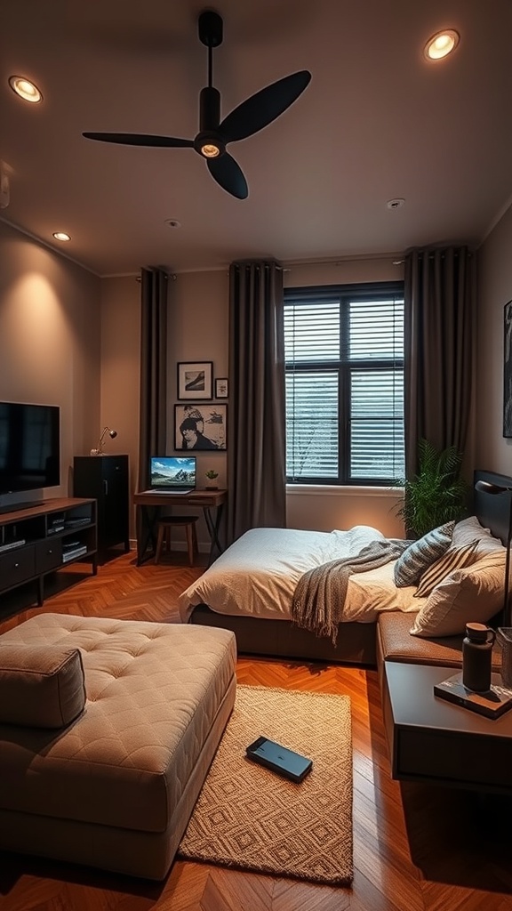 A stylish baddie room with sleek tech integration, featuring a cozy bed, modern furniture, and smart lighting.