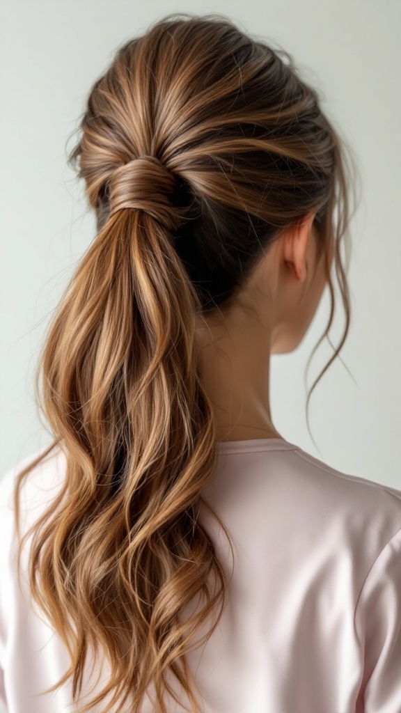 Sleek twisted ponytail with volume, featuring waves and a polished look.