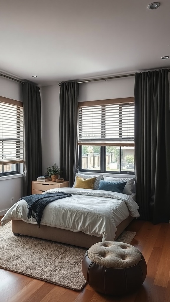 A sleek small bedroom with dark curtains and wooden blinds, showcasing a cozy and masculine design.