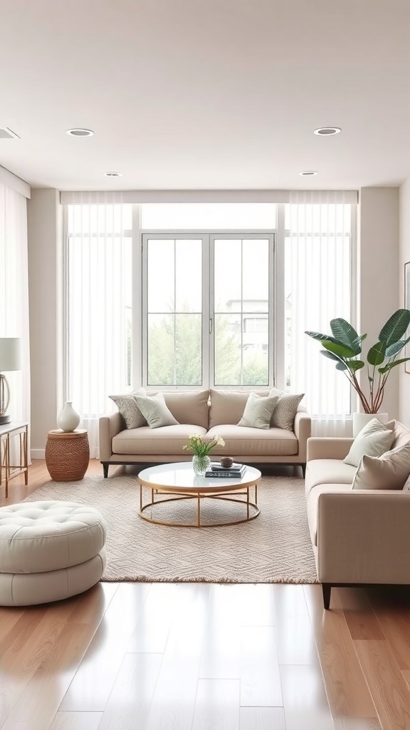 A minimalist living room featuring large windows with sleek vertical blinds, light-colored sofas, and a round coffee table.