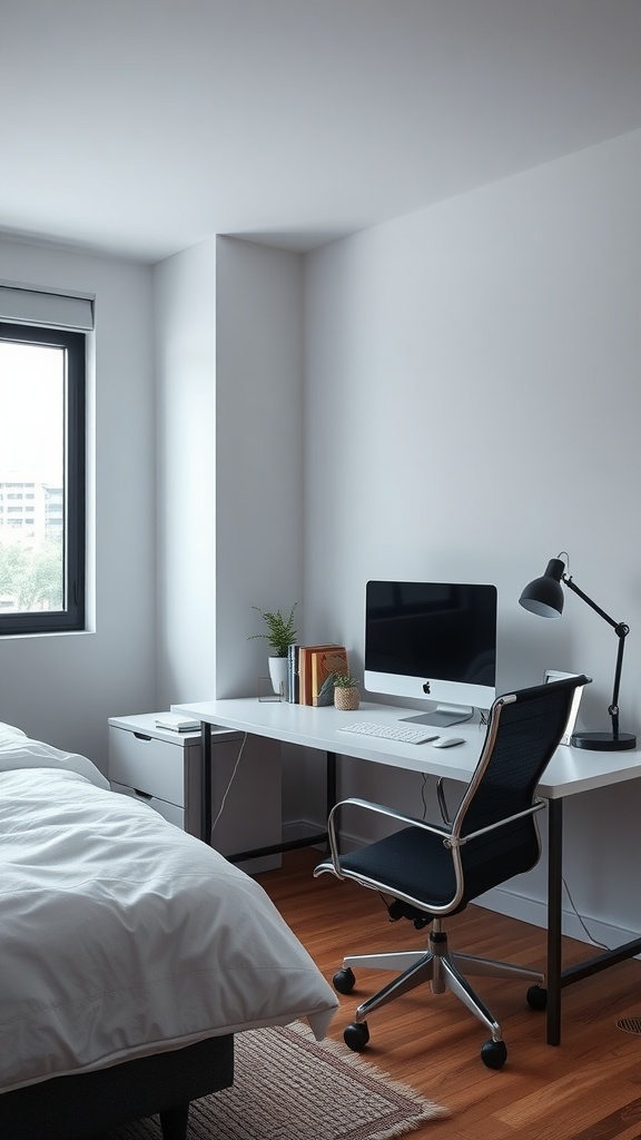 A sleek workspace with a modern desk, office chair, and computer, next to a cozy bed.