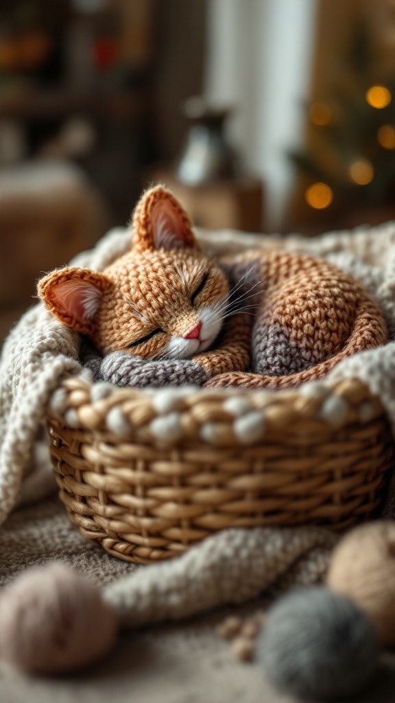 A crocheted sleeping cat in a woven basket surrounded by yarn balls.