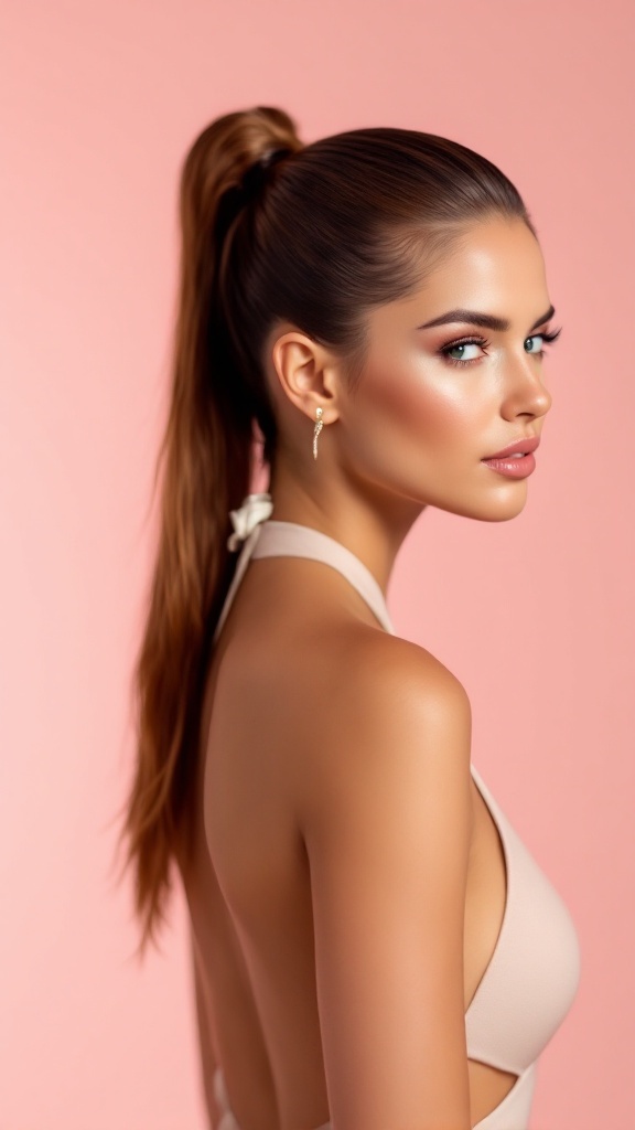 A model with slicked back hair in a high ponytail, wearing a halter neck dress.