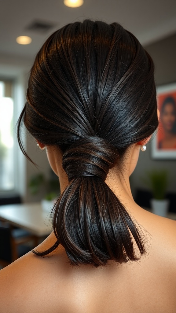 A close-up view of a slicked back low ponytail hairstyle, showcasing smooth, shiny hair tied neatly at the nape of the neck.