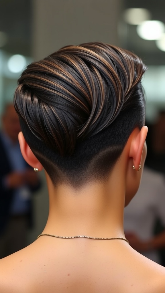 Back view of a slicked back undercut hairstyle with highlights.