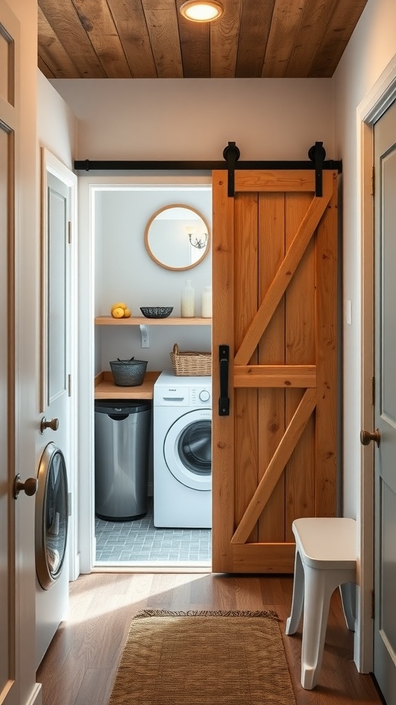 A hallway with a sliding barn door leading to a laundry room, featuring wooden elements and a warm color palette.