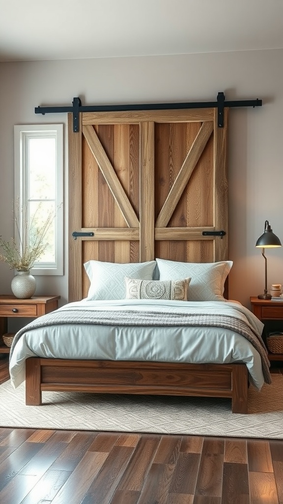 A cozy bedroom with a sliding barn door headboard, wooden furniture, and soft bedding.