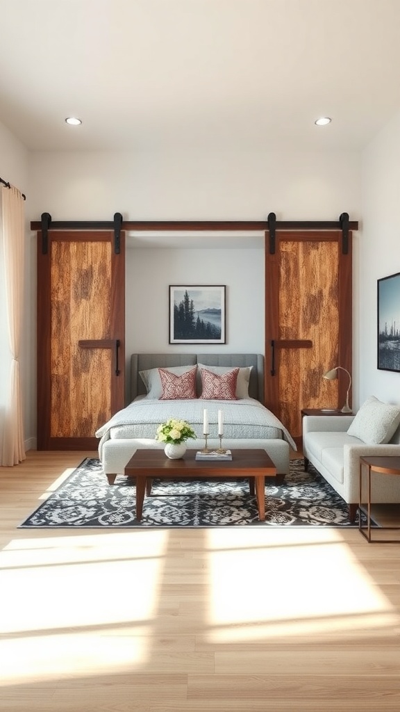 A cozy living room with sliding barn doors separating the bedroom area, showcasing a modern and rustic design.