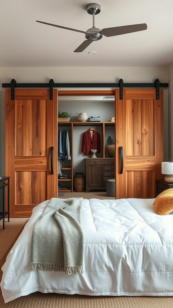 A bedroom featuring sliding barn doors that open to a closet, showcasing a neatly organized space with wooden elements.